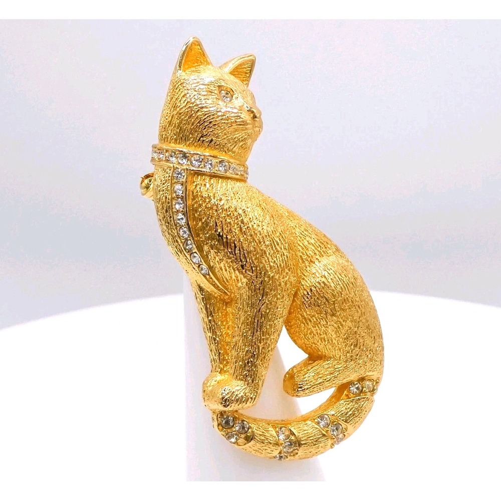 Vintage Christian Dior Rhinestone Cat Figural Large 2.3" Textured Brooch Pin